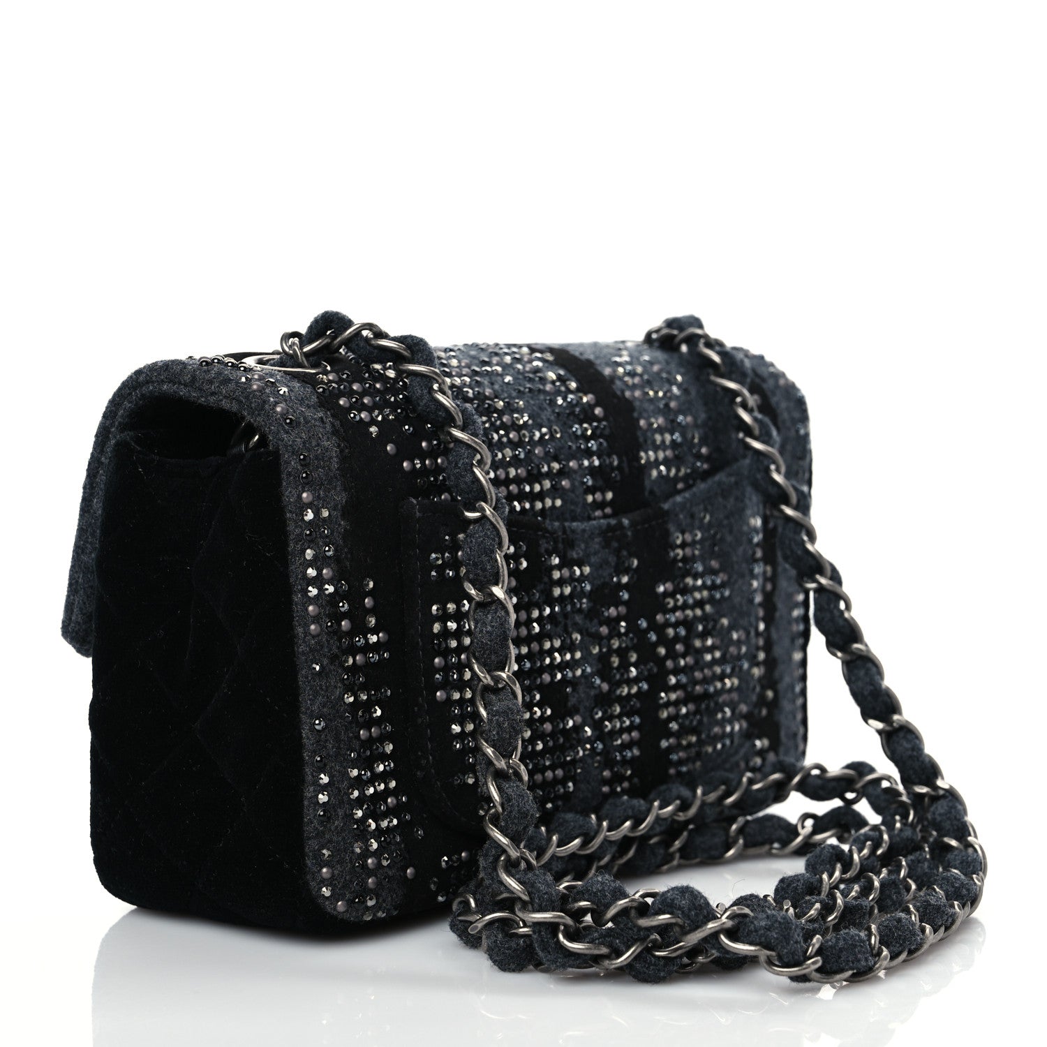 Chanel Wool Velvet Crystal Studded Mini Rectangular Flap Grey Black 2 of 8
