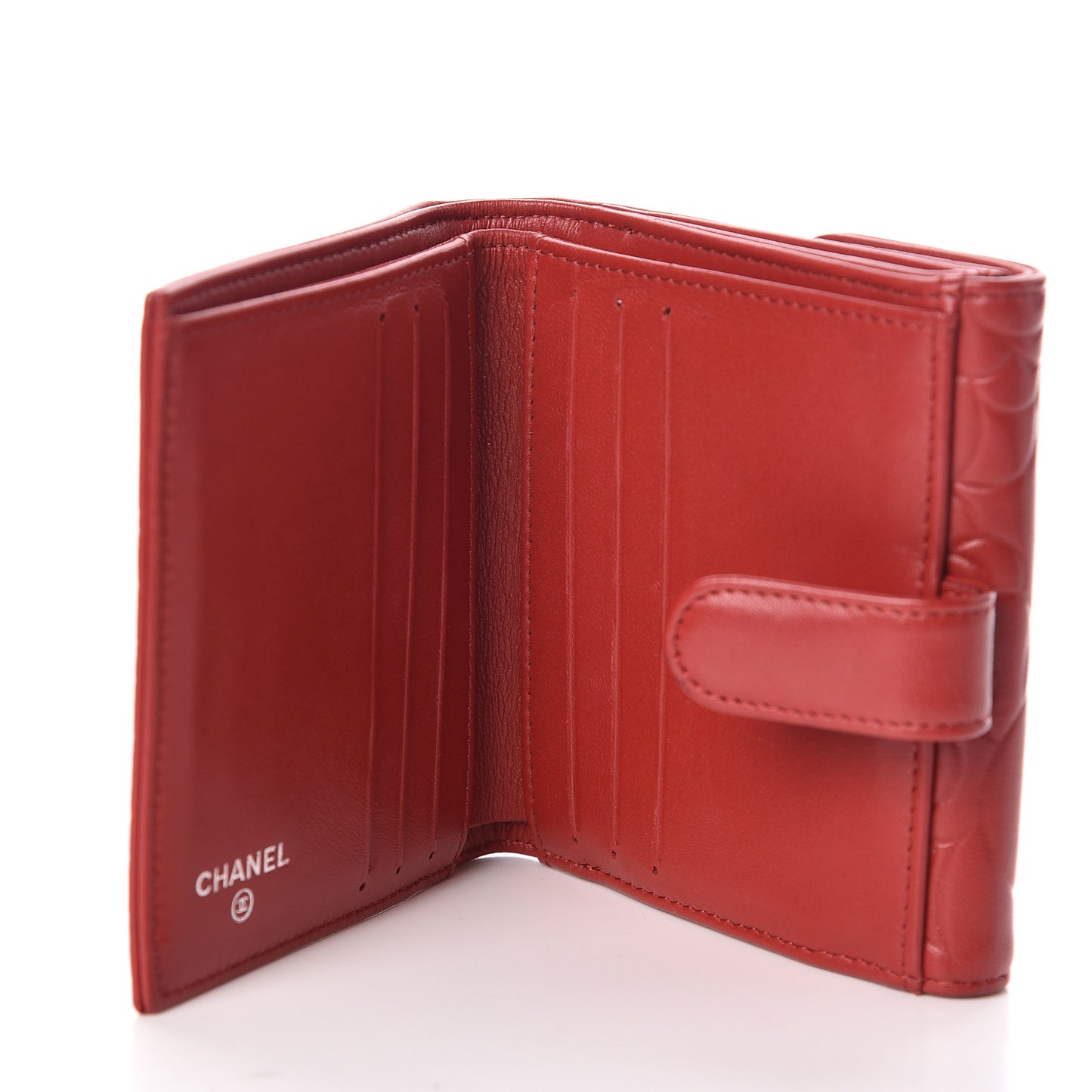 Lambskin Camellia Embossed French Wallet Dark Red