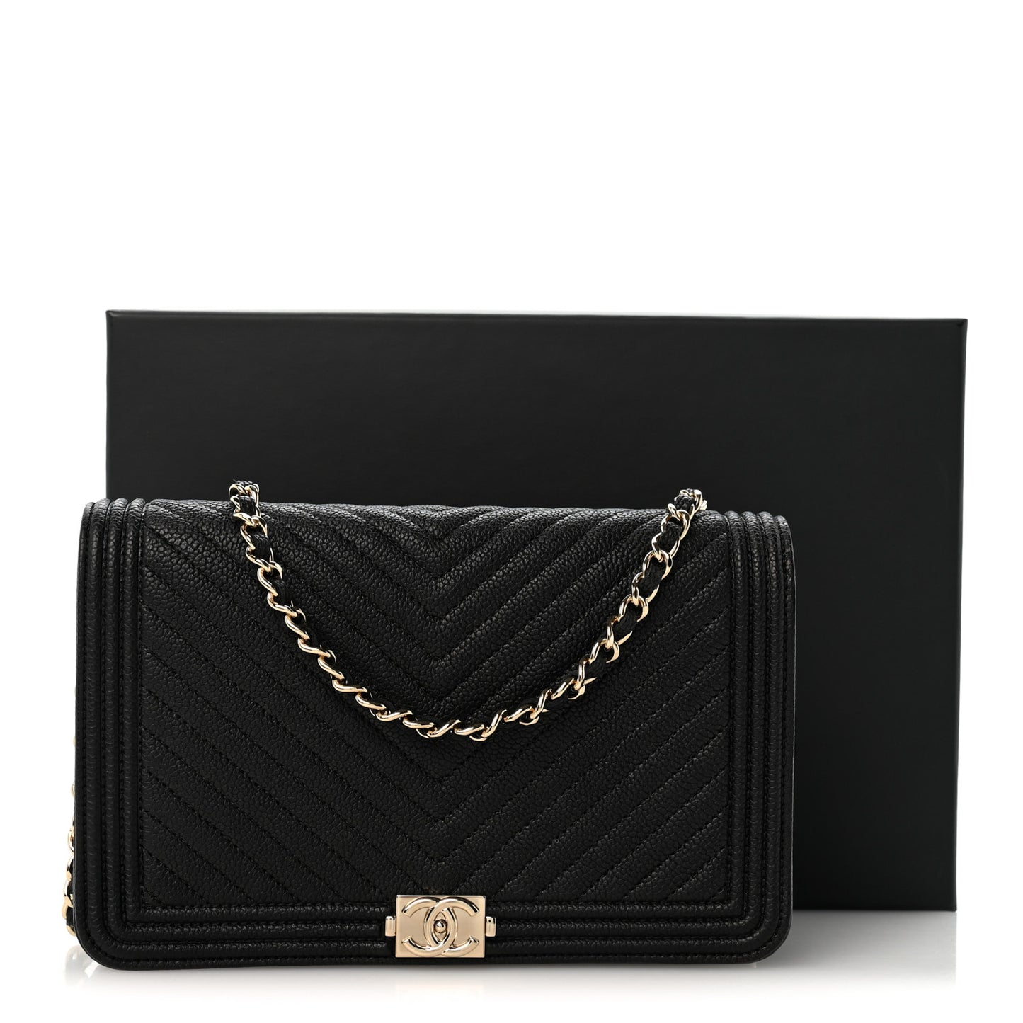 Caviar Chevron Quilted Boy Wallet On Chain WOC Black