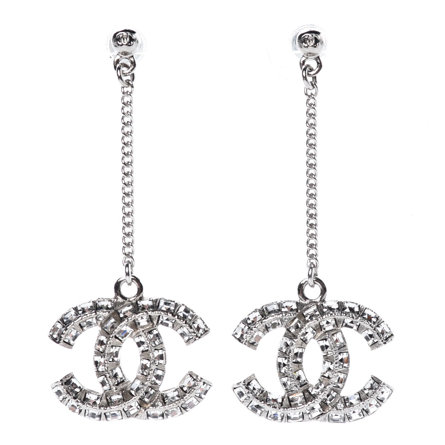 Chanel Baguette Crystal CC Drop Earrings Silver 1 of 5