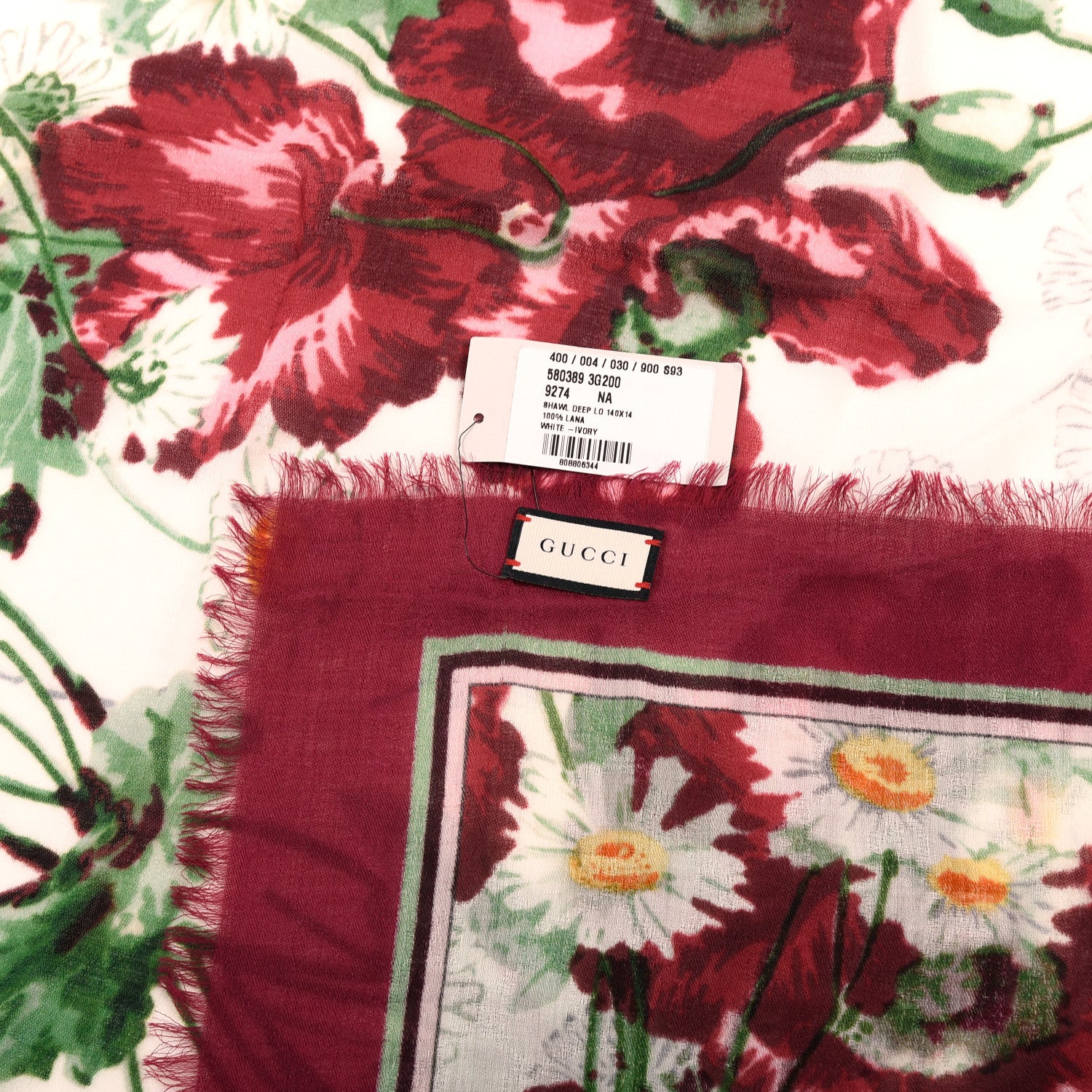 Gucci Wool Jacquard Deep Love Square Shawl Ivory Red 4 of 4