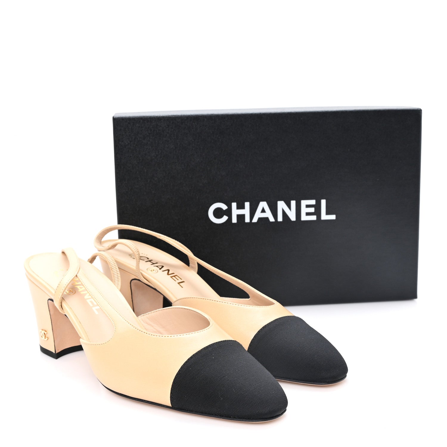 Chanel Goatskin Grosgrain Cap Toe CC Slingback Pumps 40 Beige Black 9 of 9