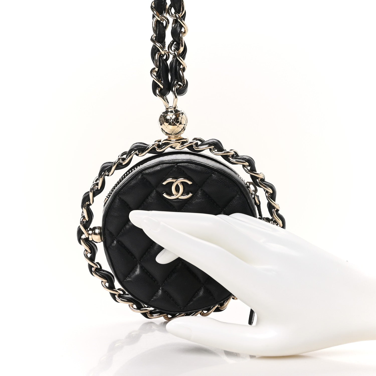 Chanel Lambskin Quilted Chain Round Mini Clutch Black 2 of 10