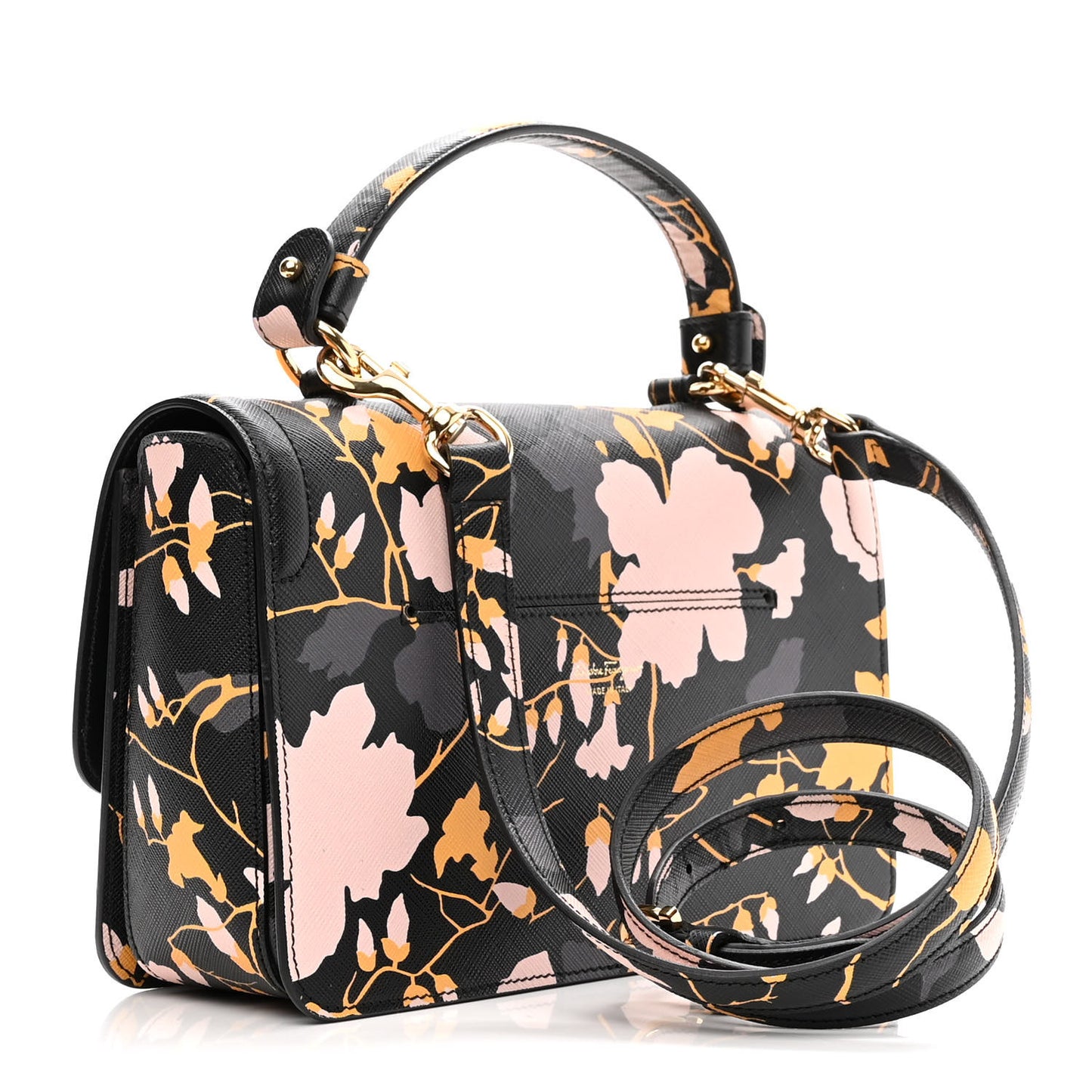 Hammered Calfskin Floral Printed Seila Top Handle Crossbody Bag Black Multicolor