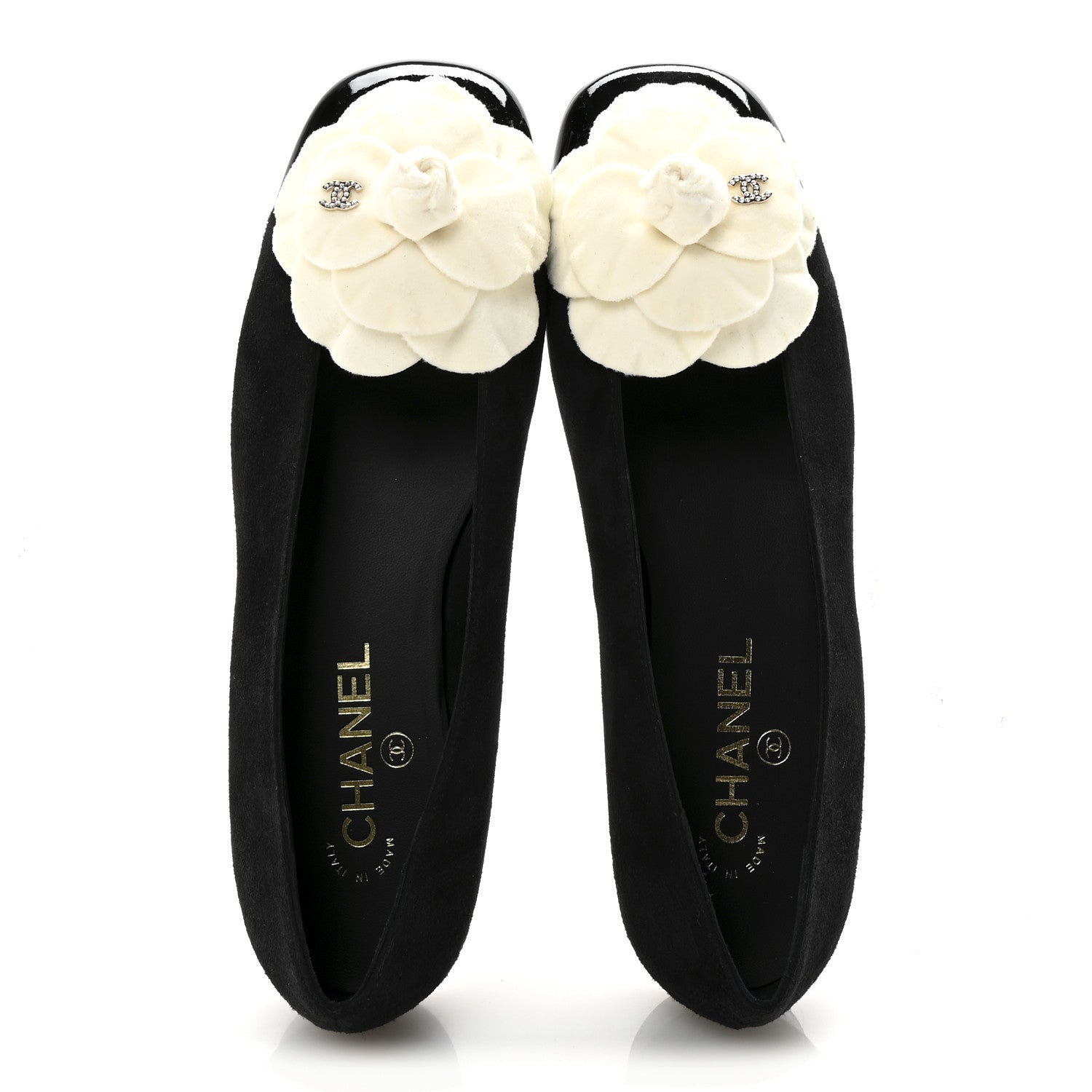 Chanel Suede Patent Cap Toe Camellia Ballerina Flats 39.5 Black White 2 of 10