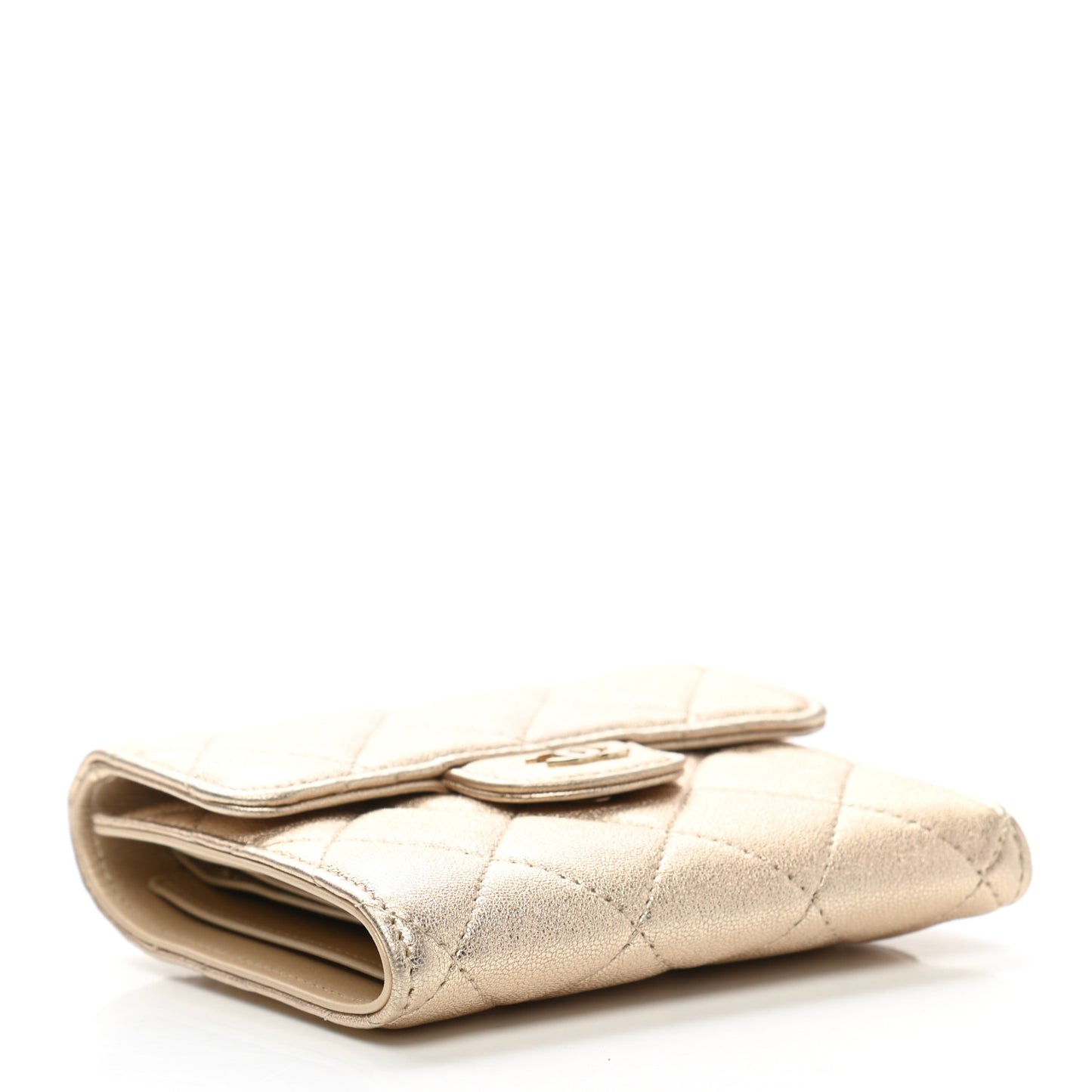 Metallic Lambskin Quilted Compact Flap Wallet Gold