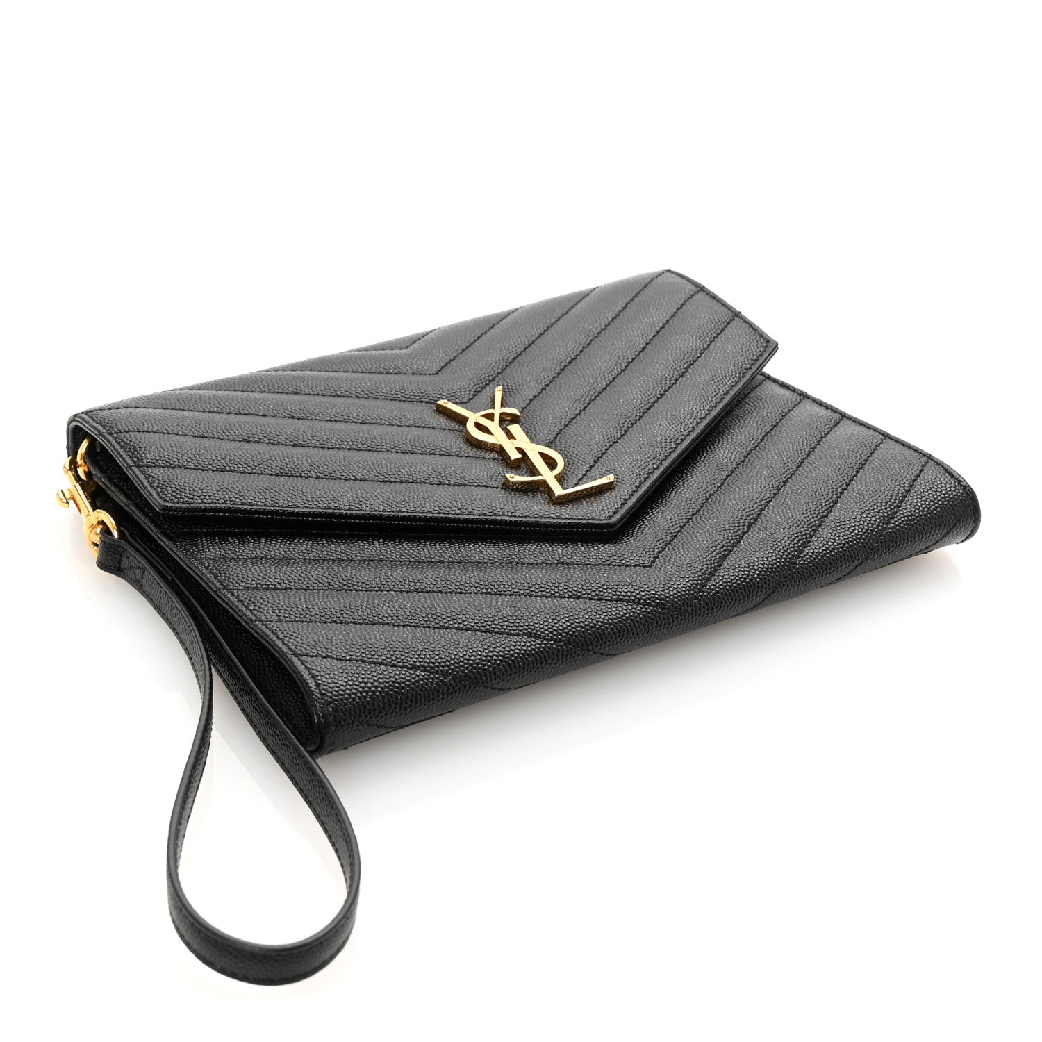 Saint Laurent Grain De Poudre Matelasse Chevron Monogram Envelope Clutch Black 4 of 8