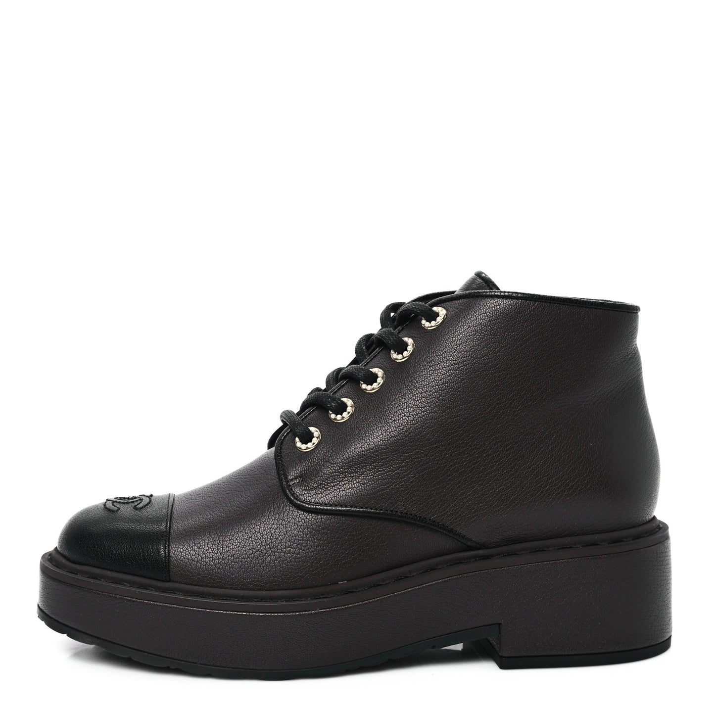 Goatskin Pearl Lace Up CC Short Boots 41 Brown Black