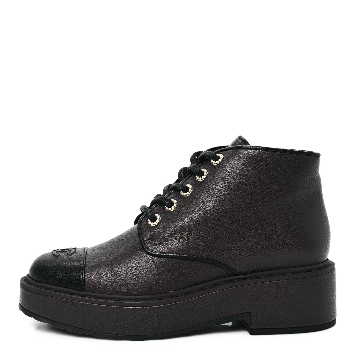 Chanel Goatskin Pearl Lace Up CC Short Boots 41 Brown Black 1 of 9