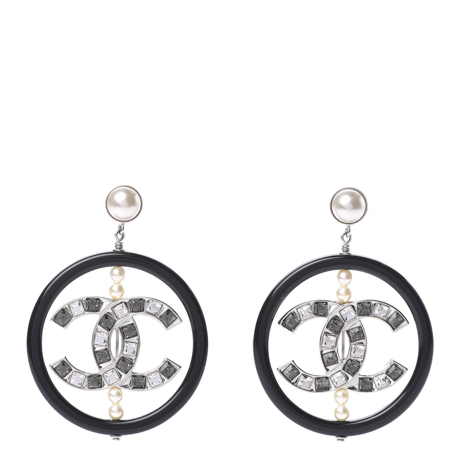 Chanel Resin Baguette Crystal Pearl CC Hoop Earrings Black White Grey 1 of 5