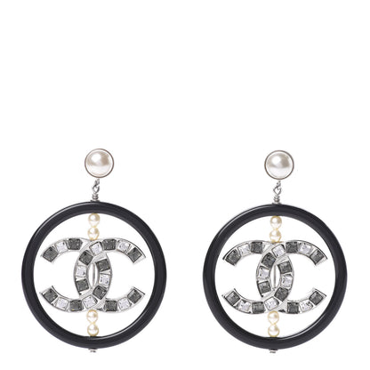 Chanel Resin Baguette Crystal Pearl CC Hoop Earrings Black White Grey 1 of 5