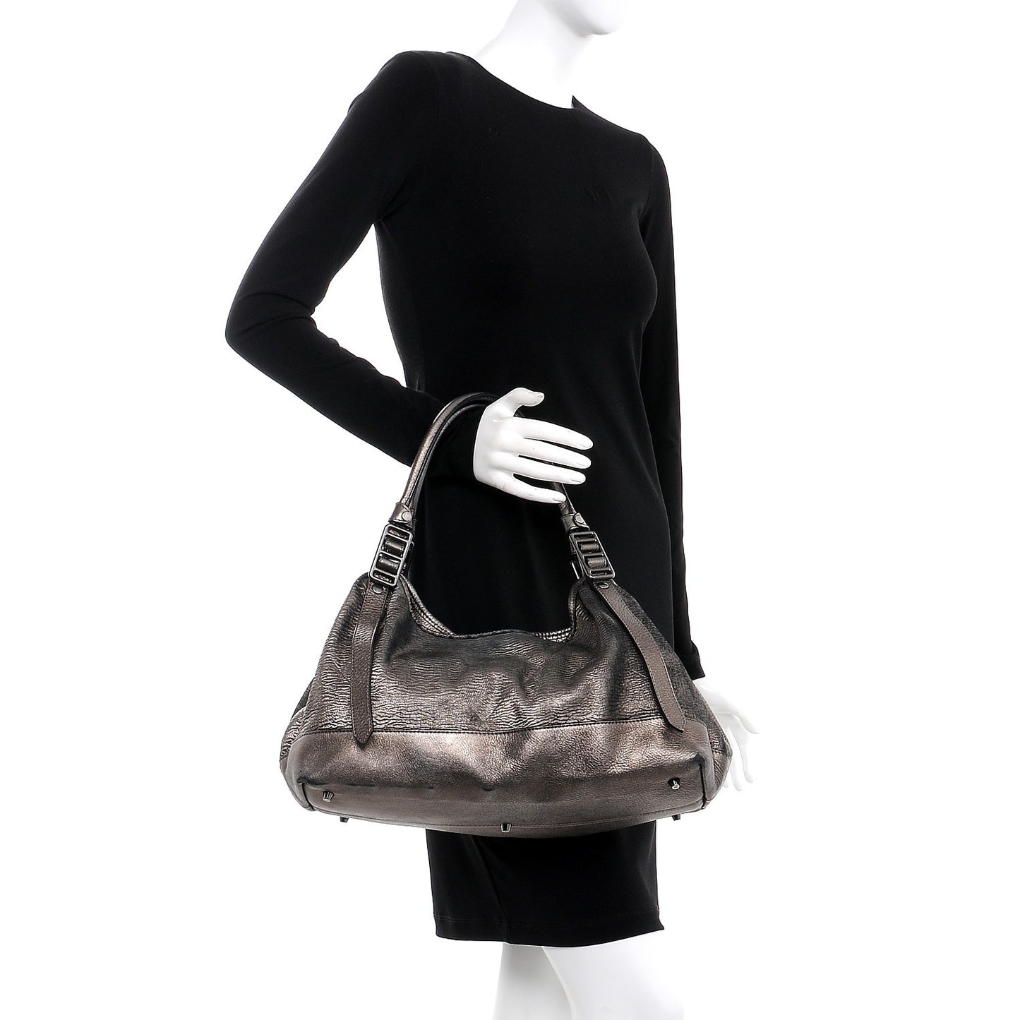 Metallic Grained Calfskin Shimmer Check Lawson Satchel Anthracite