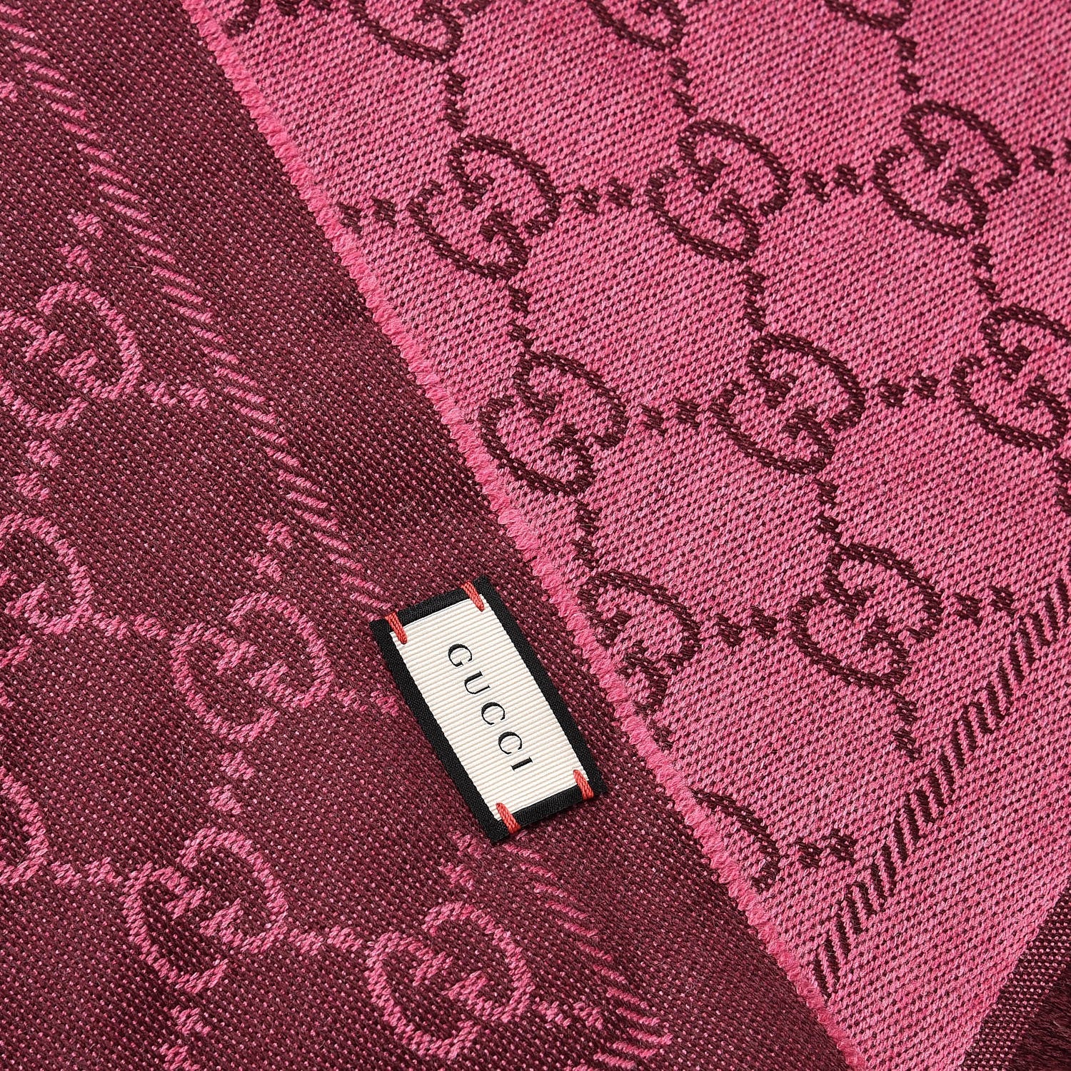Gucci Wool Jacquard GG Monogram Sten Fringe Scarf Magenta Bordeaux 4 of 5