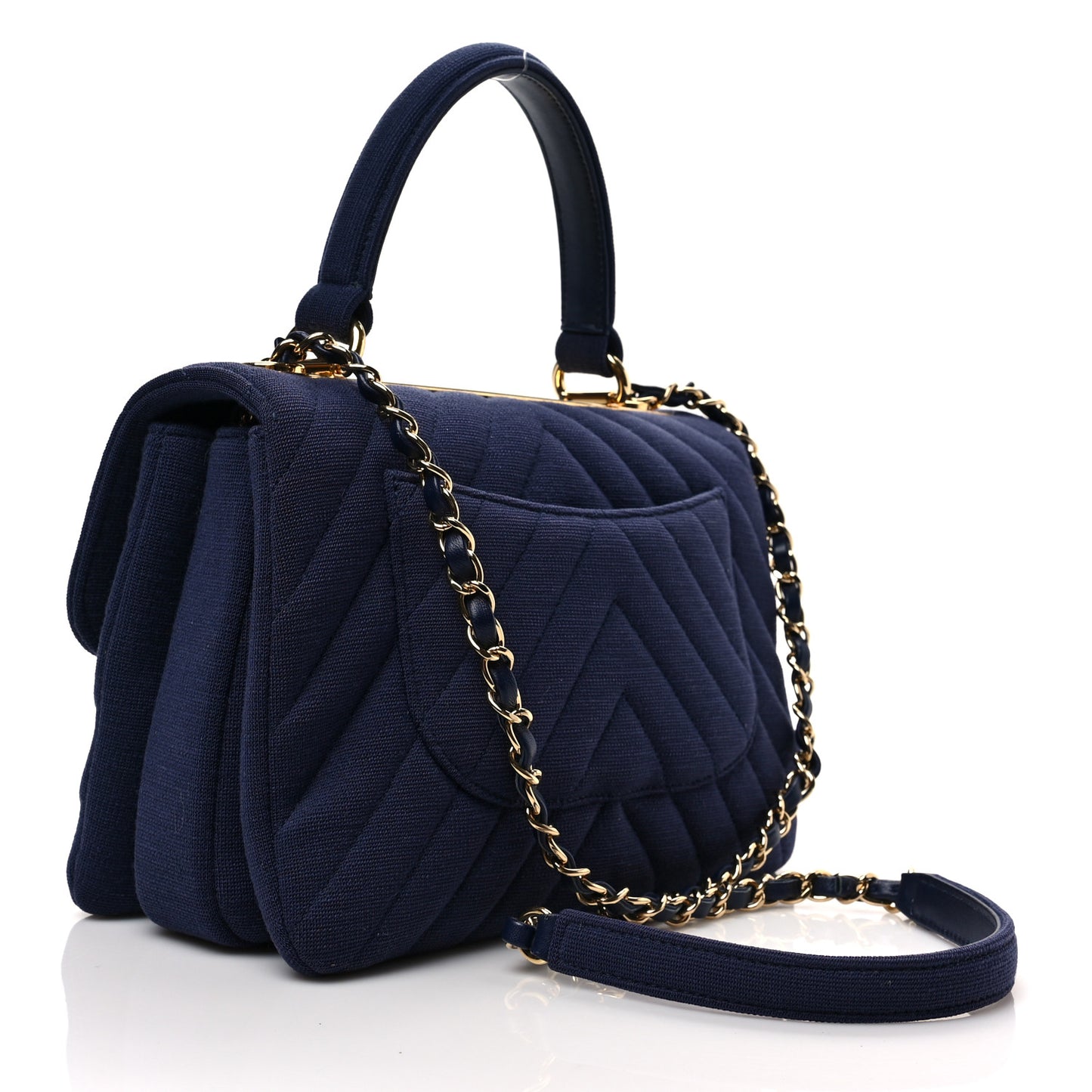 Jersey Chevron Quilted Small Trendy CC Dual Handle Flap Bag Navy Blue
