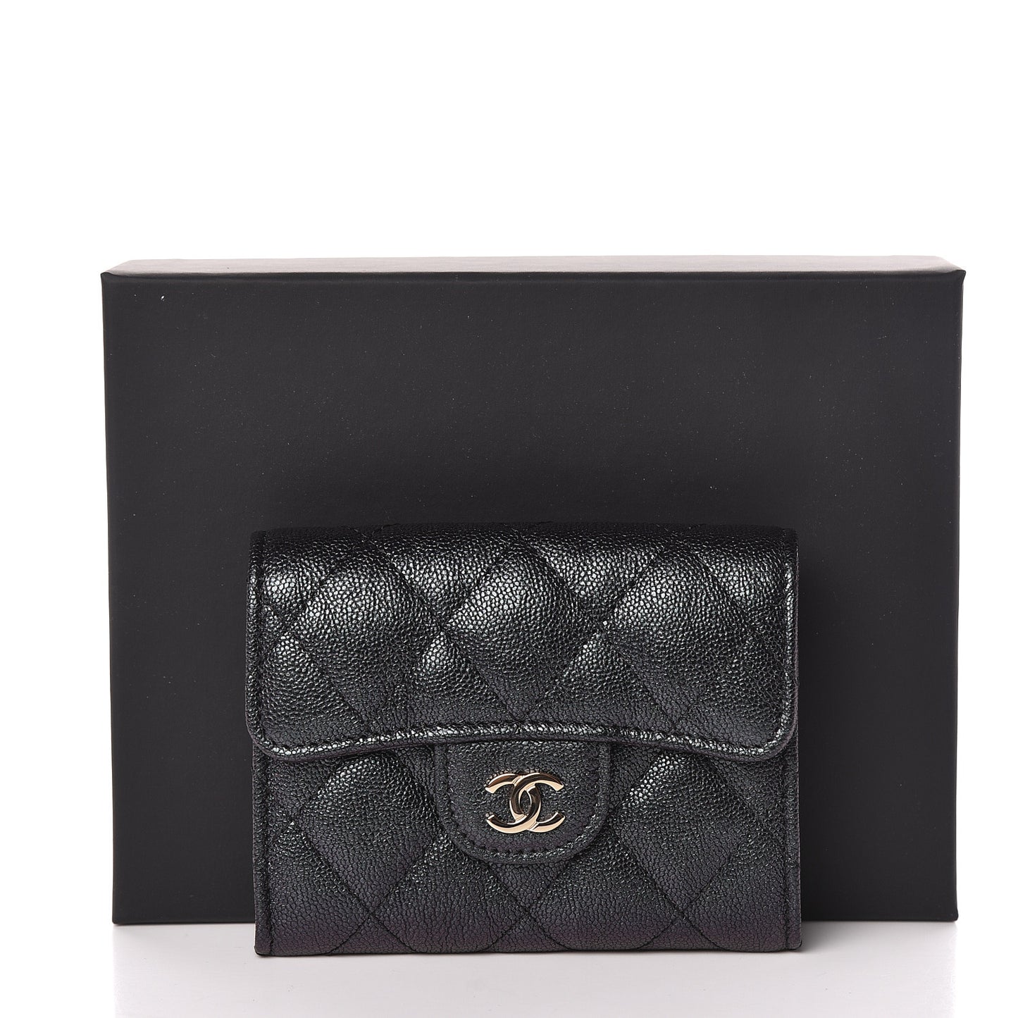 Iridescent Caviar Quilted Flap Card Holder Wallet Black