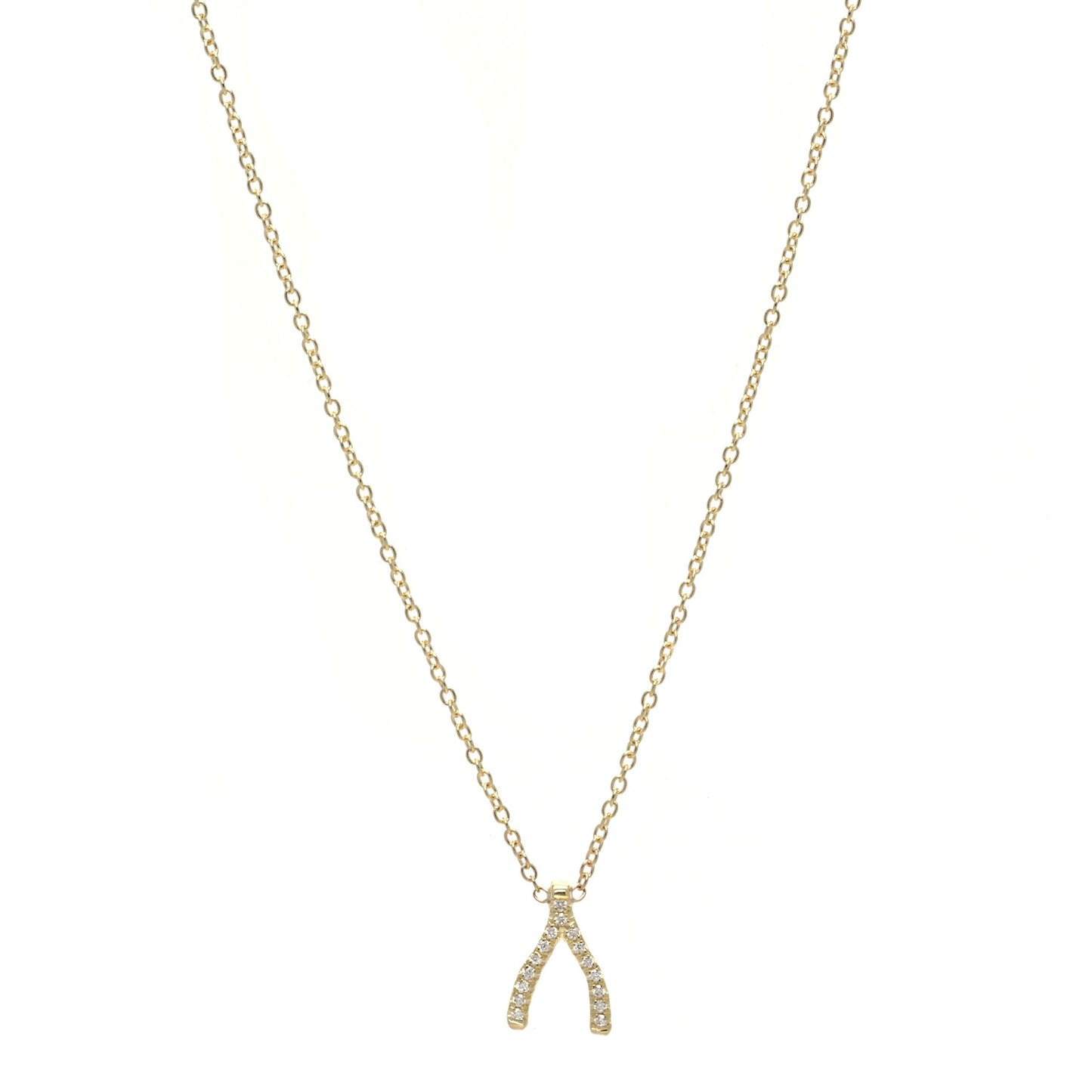 18K Yellow Gold Diamond Mini Wishbone Pendant Necklace