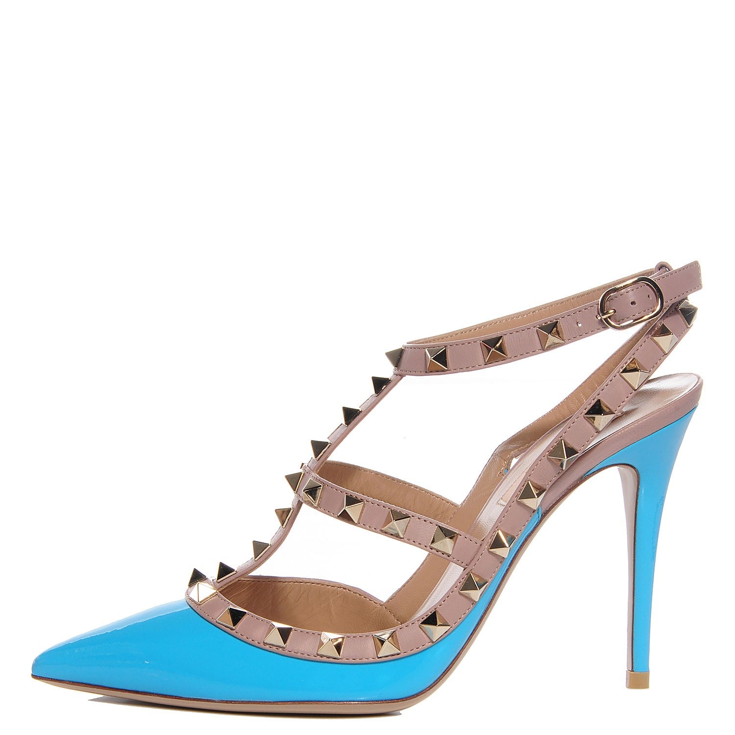Valentino Garavani Patent Nappa Rockstud Ankle Strap 100mm Pumps 37.5 Parrot Poudre 1 of 7