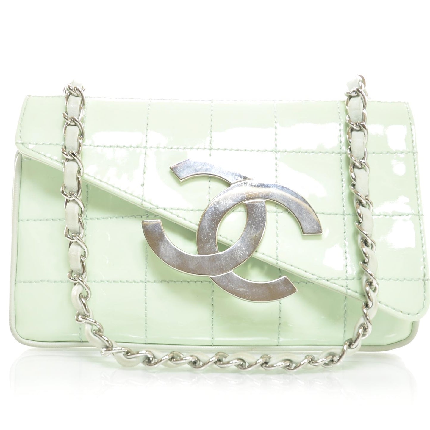 Patent Stitched Diagonal Flap Bag Light Green