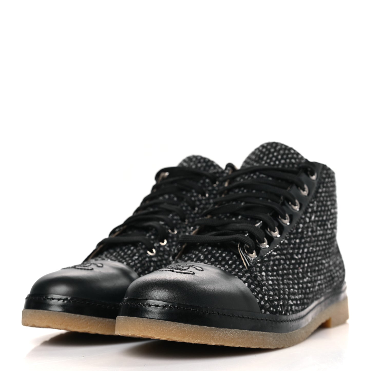 Tweed Calfskin Patent CC Lace Up Short Boots 42 Black Grey Dark Navy