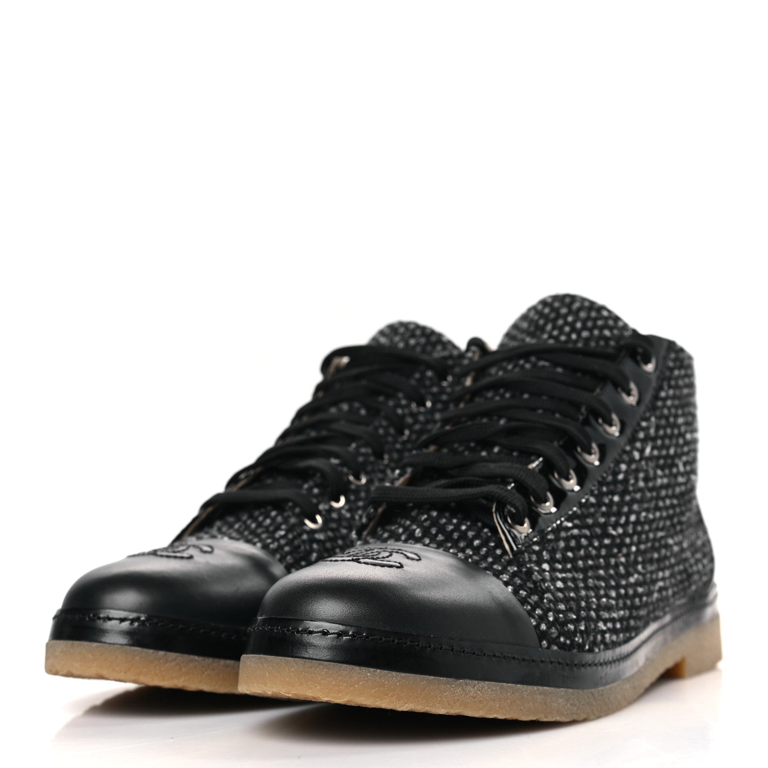 Chanel Tweed Calfskin Patent CC Lace Up Short Boots 42 Black Grey Dark Navy 3 of 8