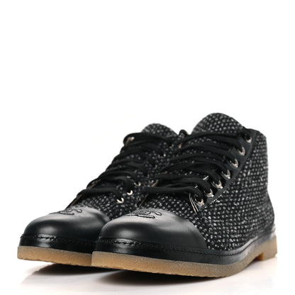 Chanel Tweed Calfskin Patent CC Lace Up Short Boots 42 Black Grey Dark Navy 3 of 8