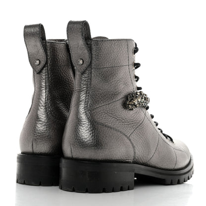 Jimmy Choo Metallic Grained Goatskin Pearl Crystal Embellished Cruz Combat Boots 37 Grey 4 of 11