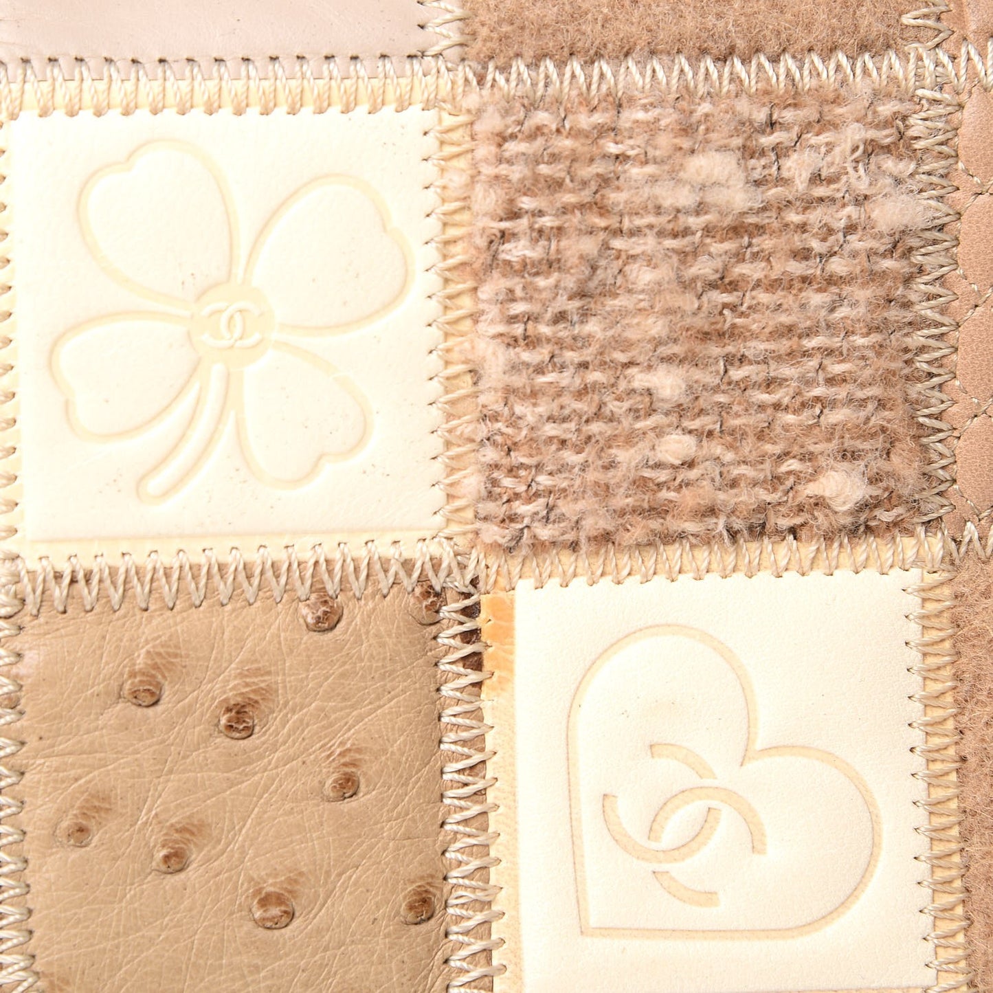 Lambskin Ostrich Pony Hair Quilted Patchwork Precious Symbols Flap Bag Beige
