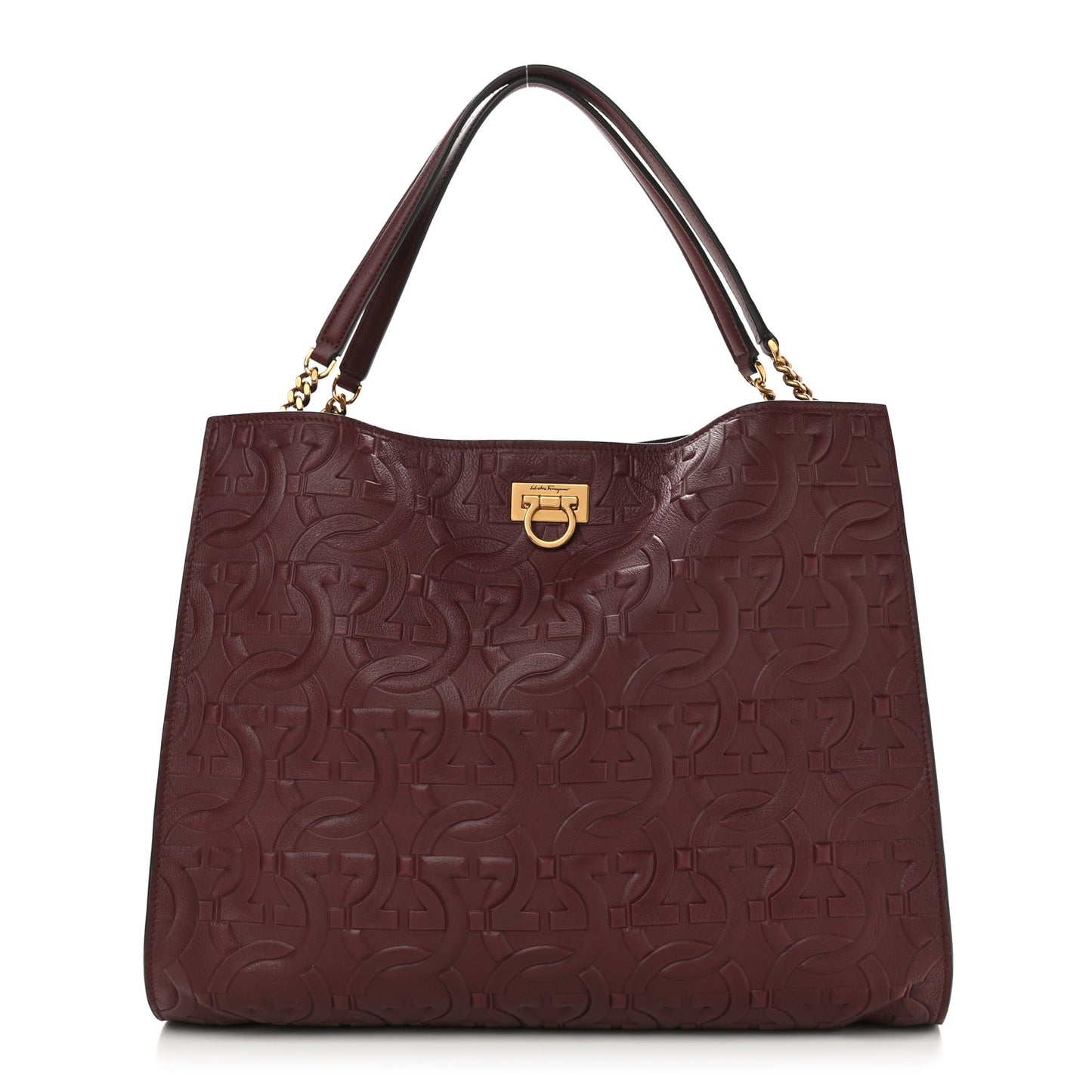 Calfskin Gancini Embossed Trifolio Tote Bag Burgundy