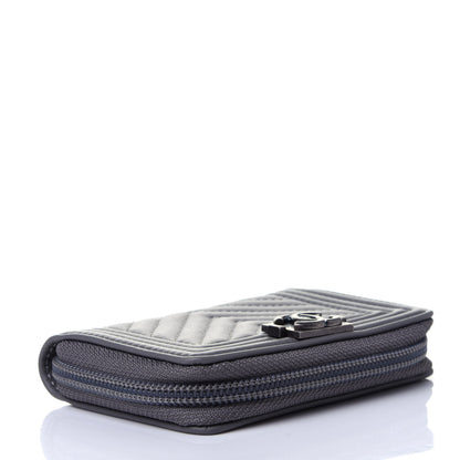 Chanel Calfskin Chevron Quilted Zip Around Boy Coin Purse Wallet Grey 3 of 5