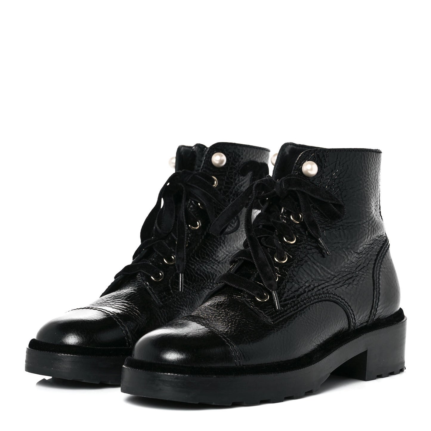 Shiny Calfskin Velvet Pearl Combat Short Boots 38.5 Black