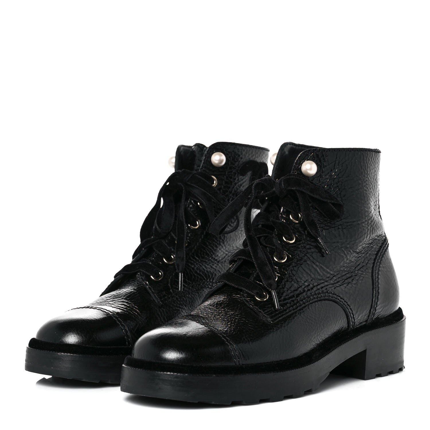 Chanel Shiny Calfskin Velvet Pearl Combat Short Boots 38.5 Black 3 of 13