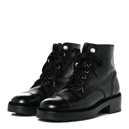Chanel Shiny Calfskin Velvet Pearl Combat Short Boots 38.5 Black 3 of 13