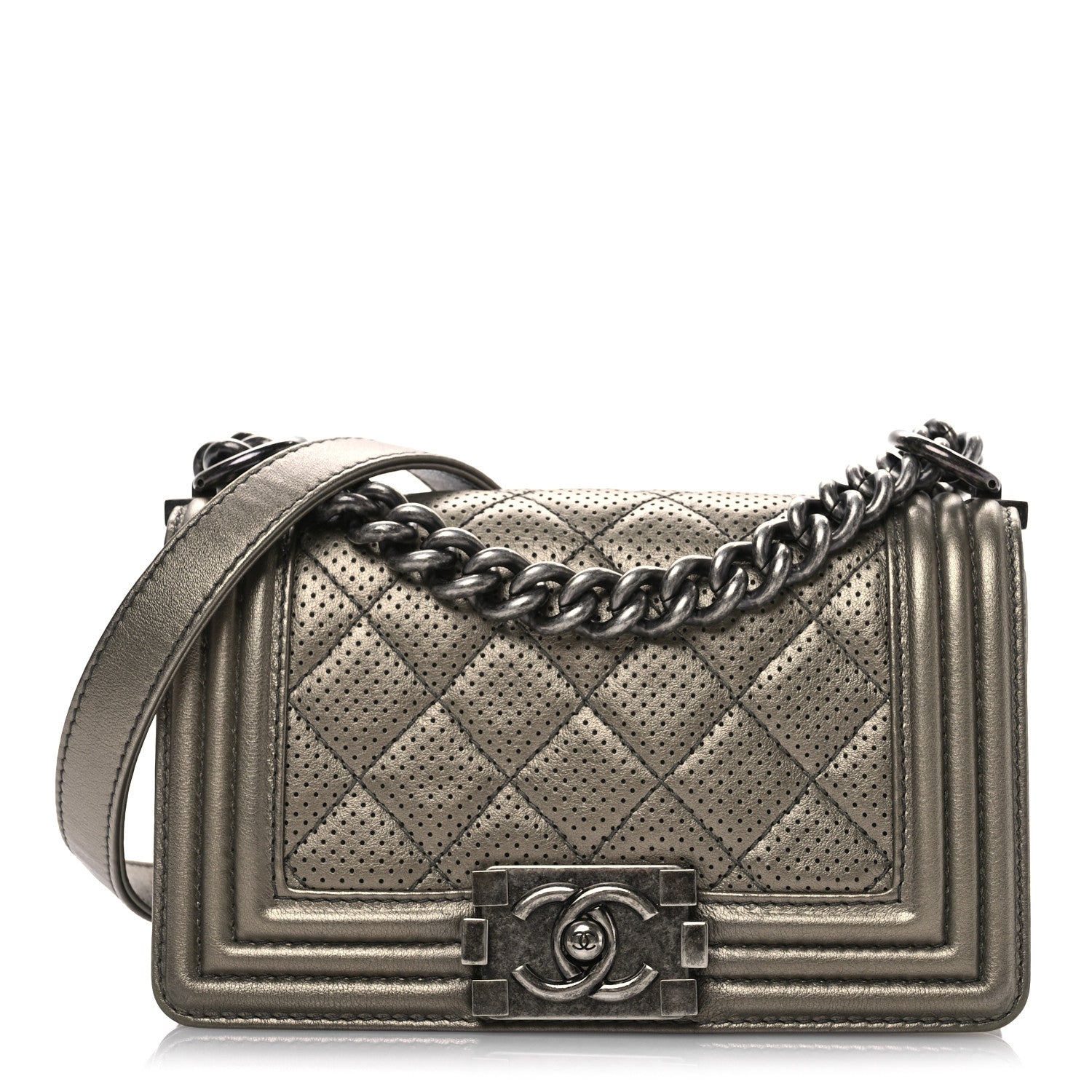 Chanel Metallic Lambskin Perforated Small Boy Flap Dark Silver 1 of 10