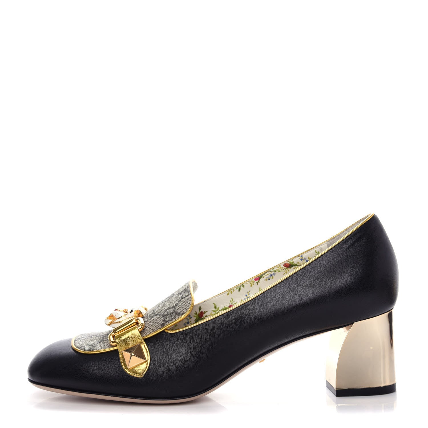 Gucci Malaga Kid Nappa GG Supreme Monogram Tiger Head Mid Heel Loafer Pumps 40.5 Black Oro Vecchio Beige 1 of 12