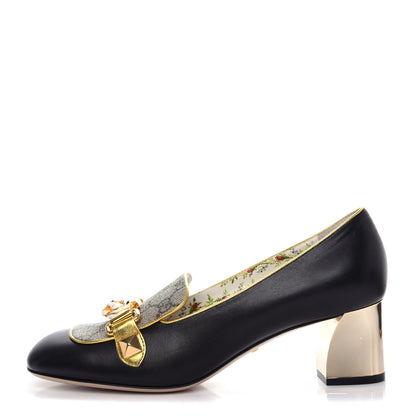 Gucci Malaga Kid Nappa GG Supreme Monogram Tiger Head Mid Heel Loafer Pumps 40.5 Black Oro Vecchio Beige 1 of 12