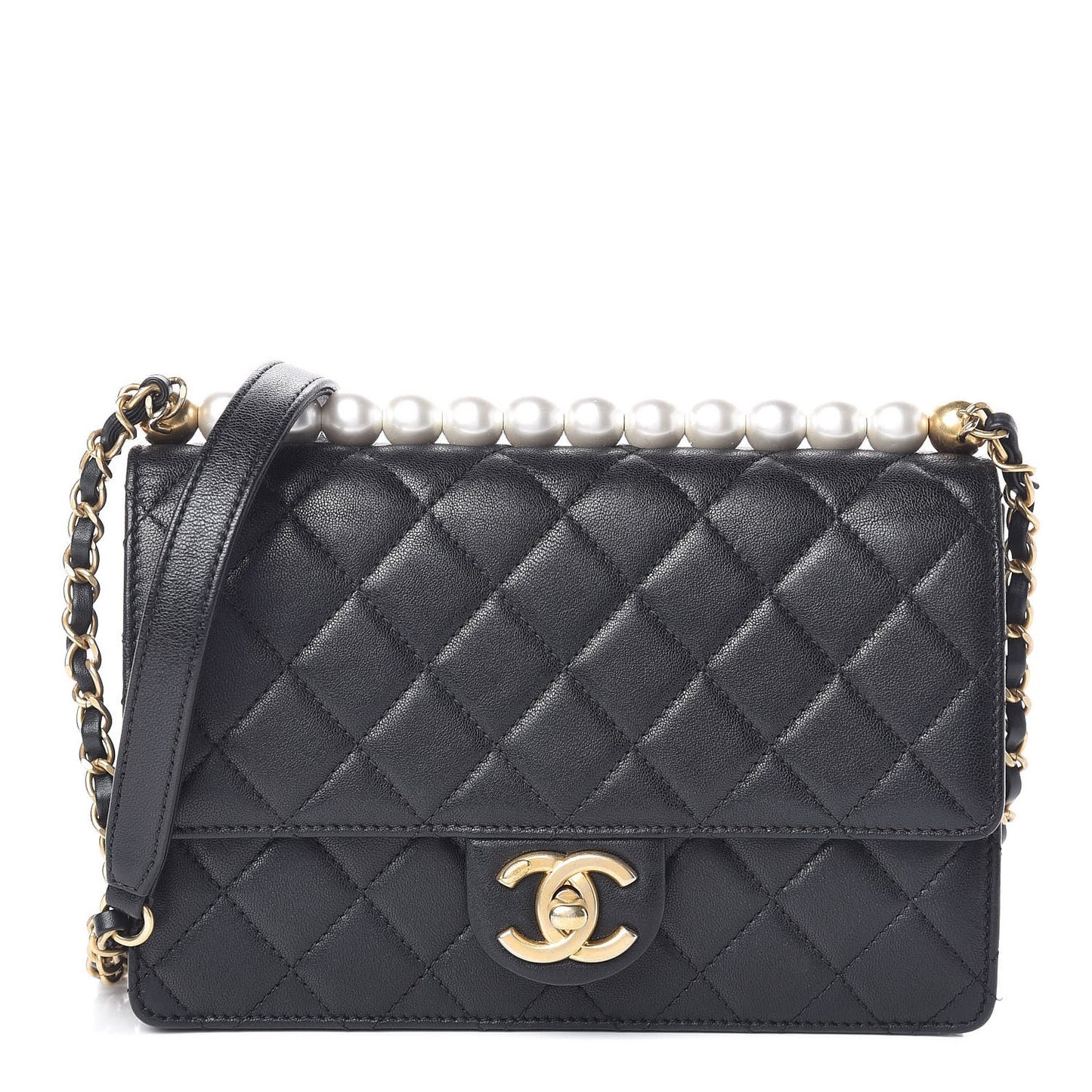 Lambskin Quilted Small Chic Pearls Flap Black