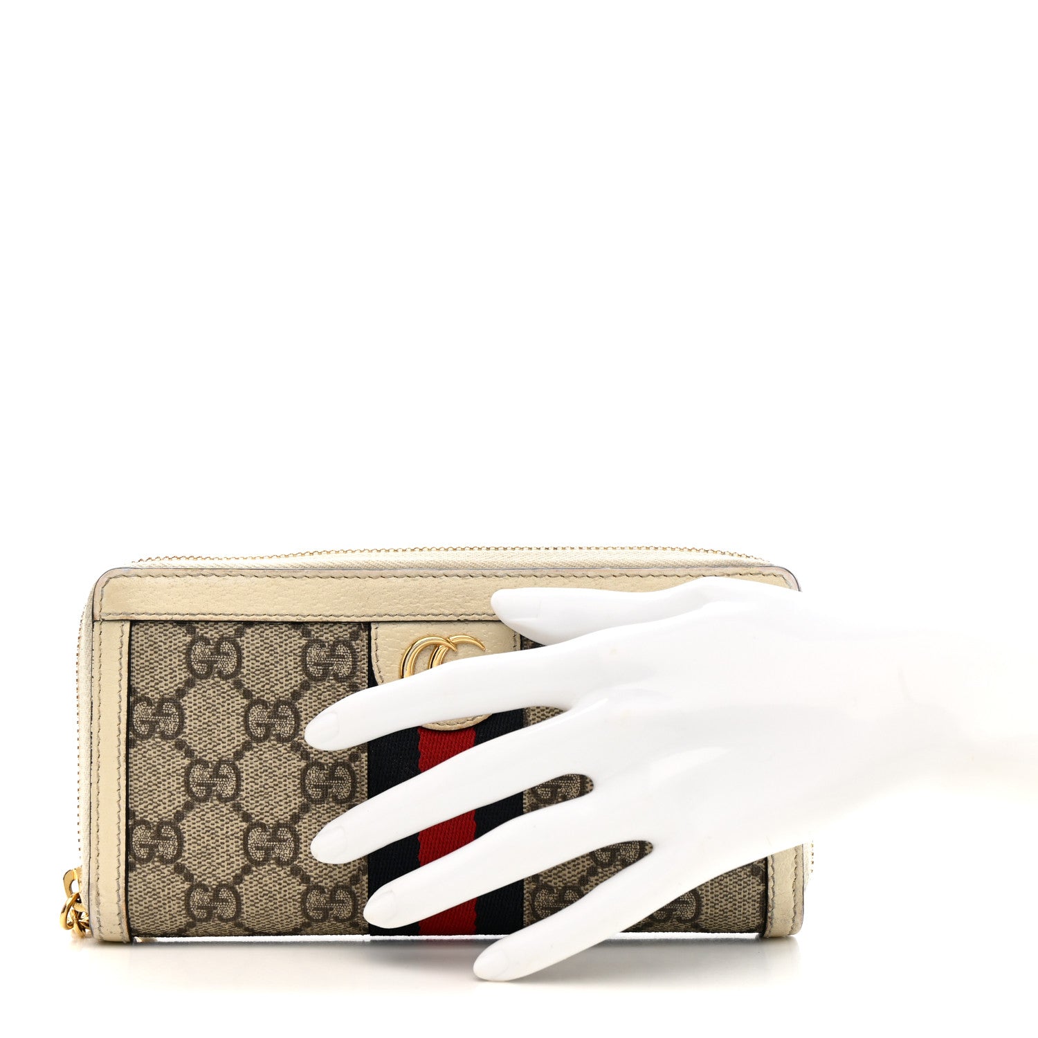 Gucci GG Supreme Monogram Textured Dollar Calfskin Web Ophidia Zip Around Wallet Beige Ebony Mystic White 2 of 13