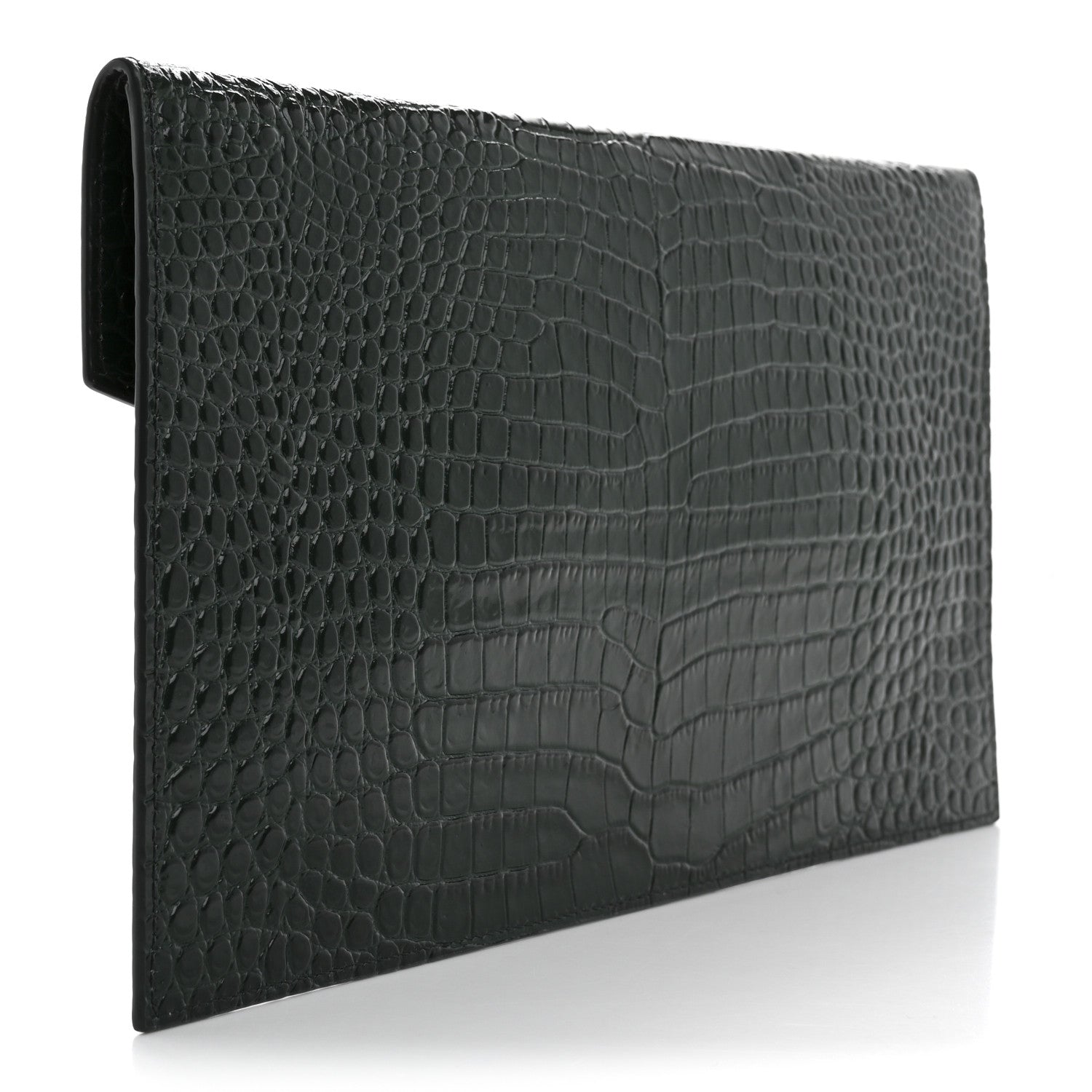 Saint Laurent Calfskin Crocodile Embossed Uptown Monogram Clutch Dark Green 3 of 10