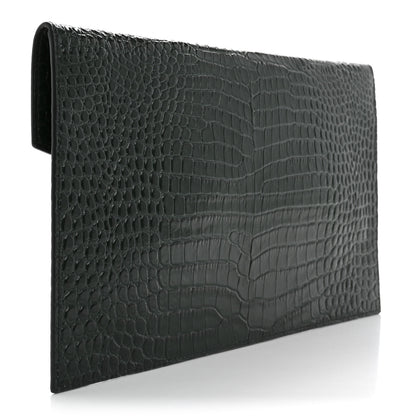 Saint Laurent Calfskin Crocodile Embossed Uptown Monogram Clutch Dark Green 3 of 10
