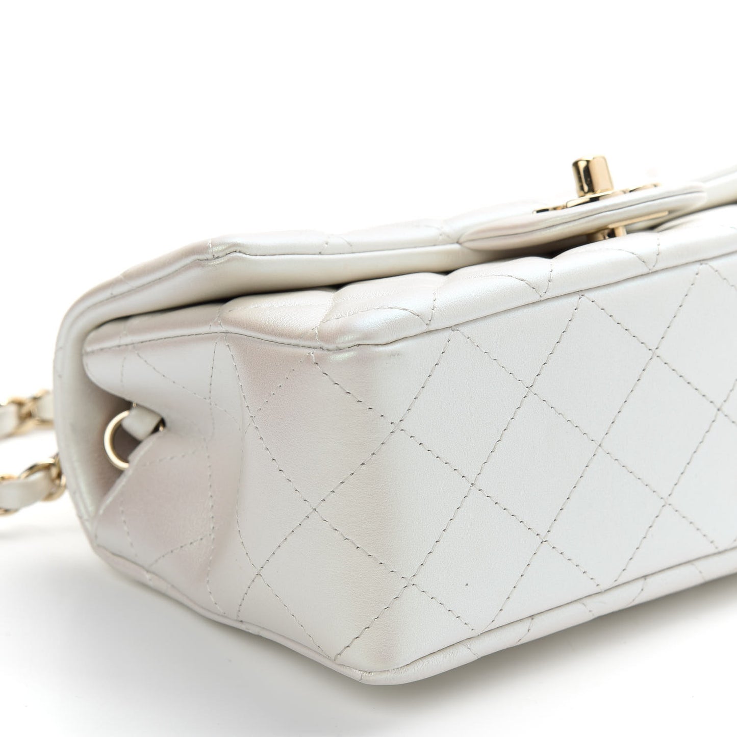 Iridescent Calfskin Quilted Mini Rectangular Flap White