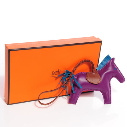 Hermes Milo Lambskin Grigri Rodeo Horse Bag Charm MM Anemone Bleu Izmir Fauve 4 of 5