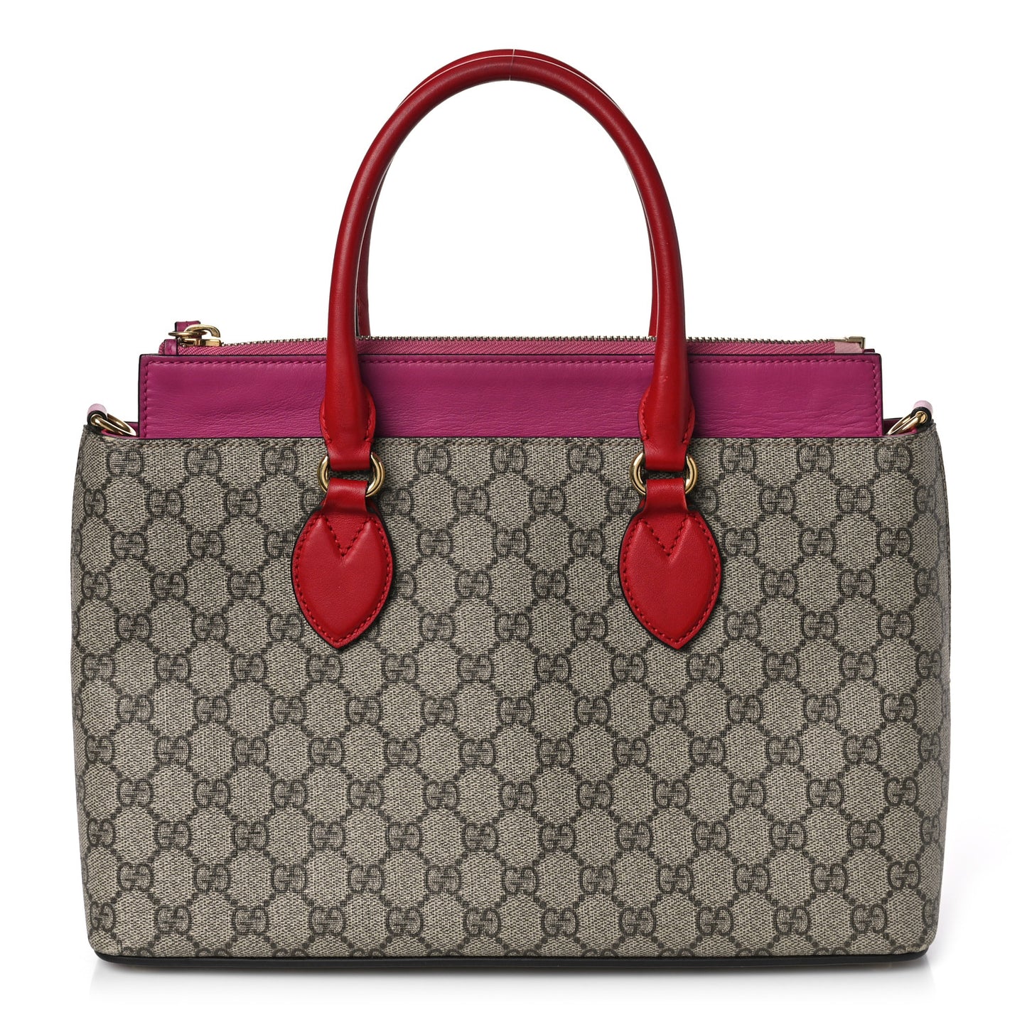 GG Supreme Monogram Moon Calfskin Small Zip Top Tote Beige Ebony Hibiscus Red New Rosette