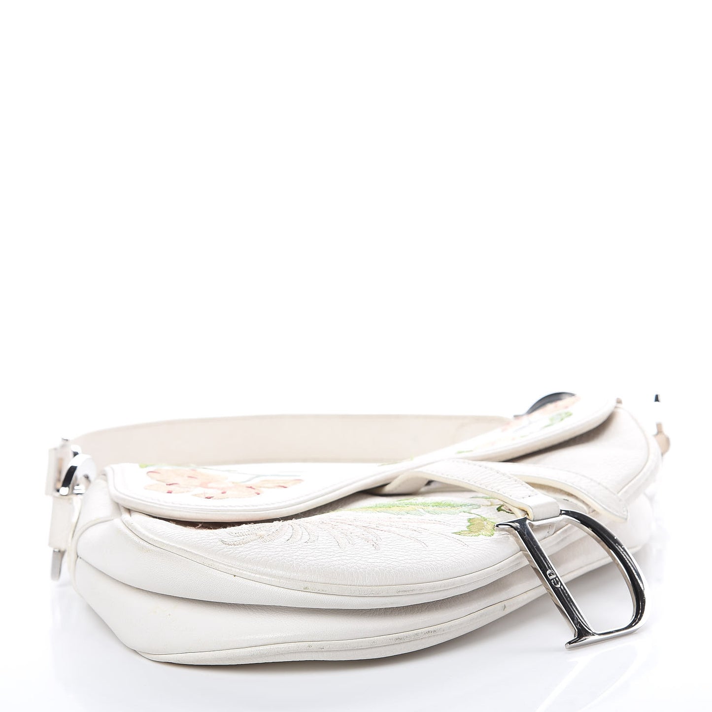Calfskin Embroidered Romantic Flowers Saddle Bag White