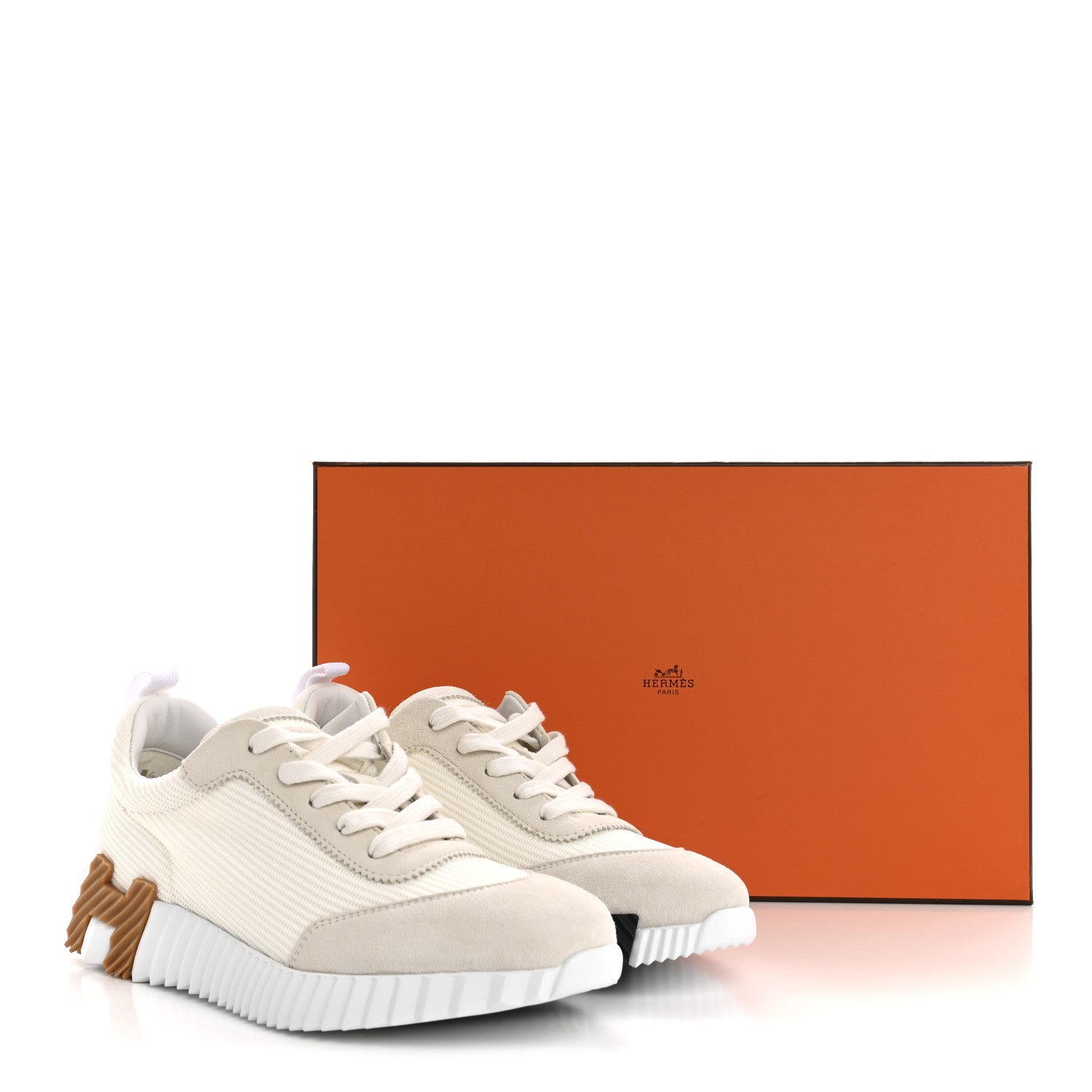 Hermes Graphic Mesh Suede Goatskin Womens Bouncing Sneakers  38.5 White 11 of 11