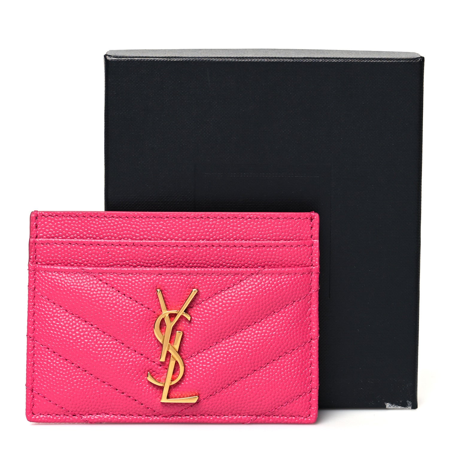 Saint Laurent Grain De Poudre Matelasse Chevron Monogram Credit Card Case Fresh Fuxia 11 of 11