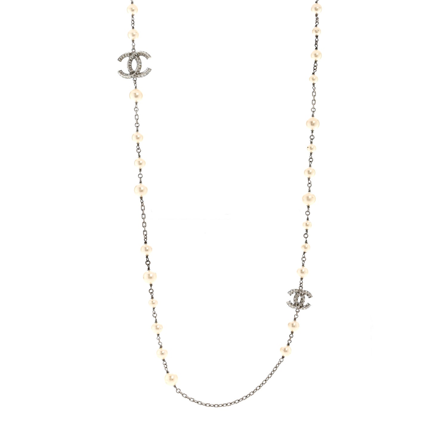 Pearl Baguette Crystal CC Long Necklace Silver