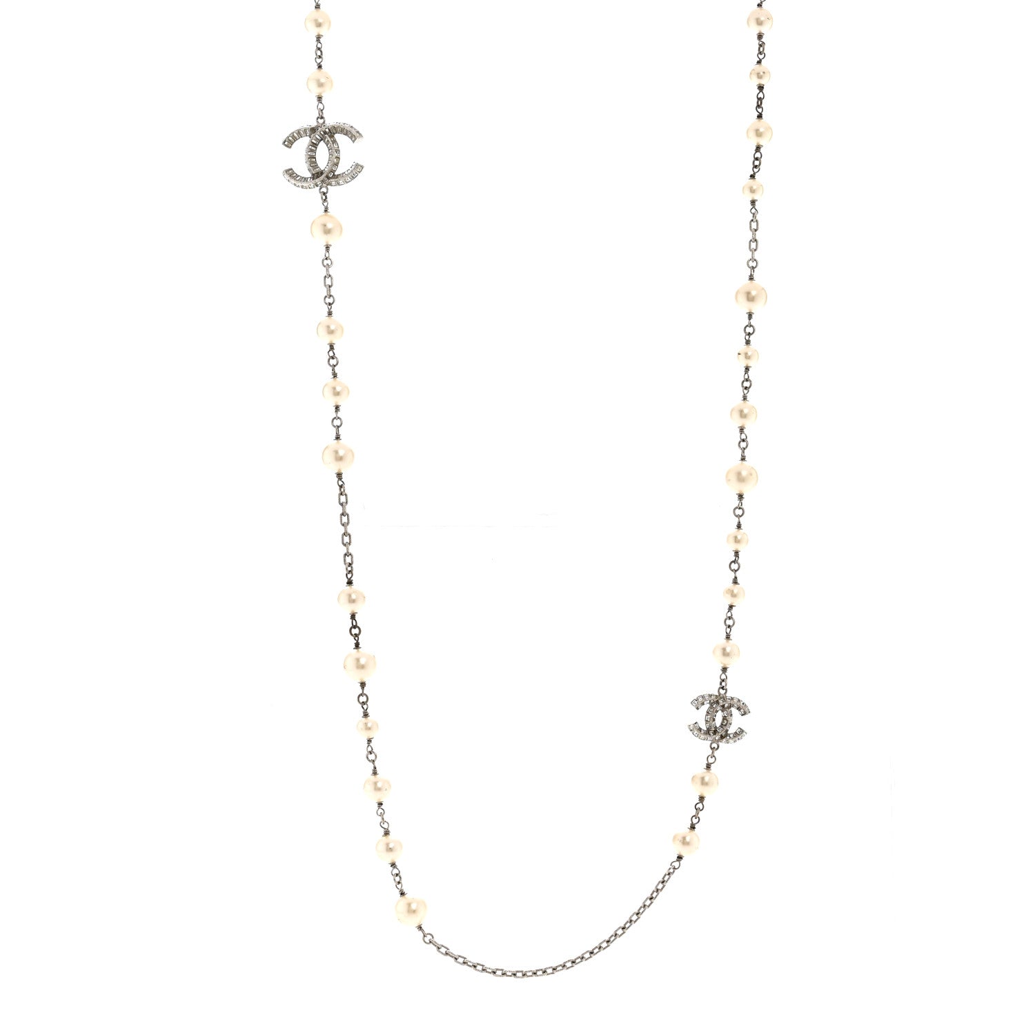 Chanel Pearl Baguette Crystal CC Long Necklace Silver 1 of 6