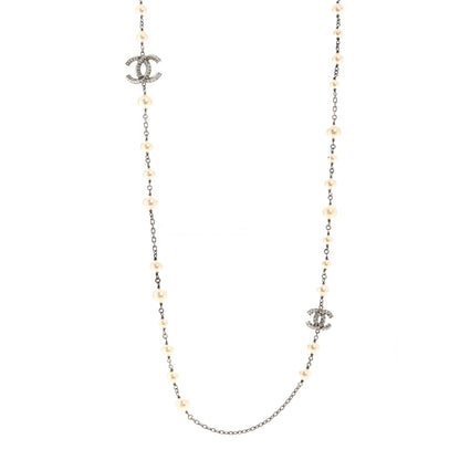 Chanel Pearl Baguette Crystal CC Long Necklace Silver 1 of 6