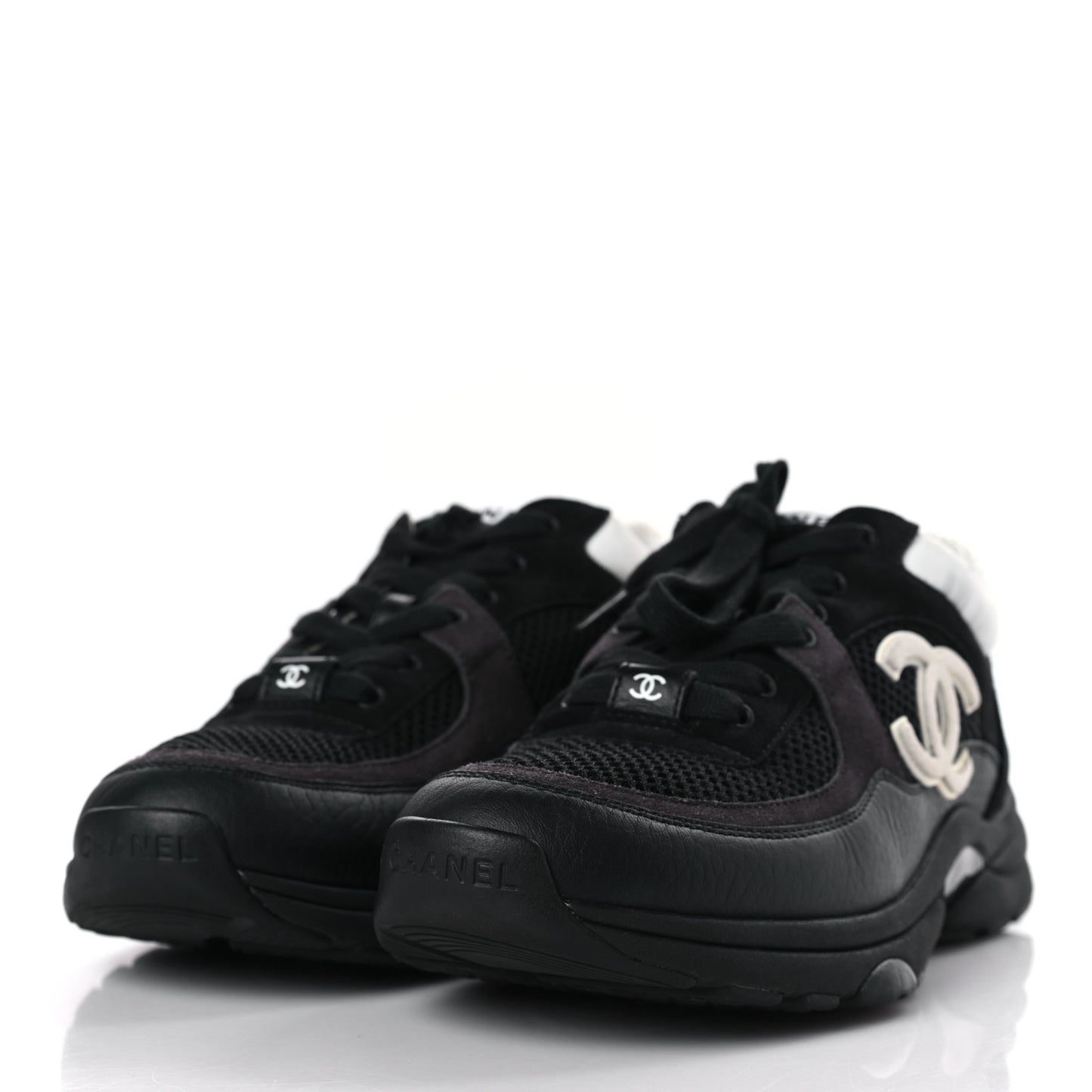 Mesh Suede Grained Calfskin Womens CC Sneakers 37.5 Black White