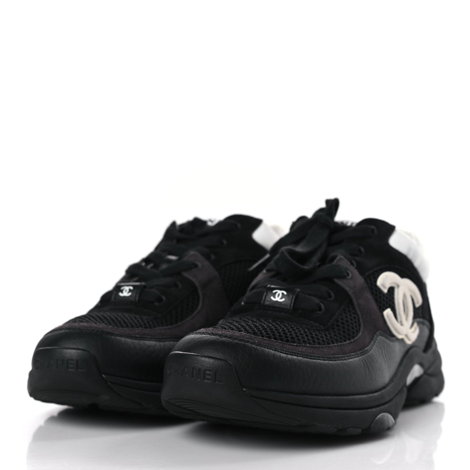 Chanel Mesh Suede Grained Calfskin Womens CC Sneakers 37.5 Black White 3 of 7